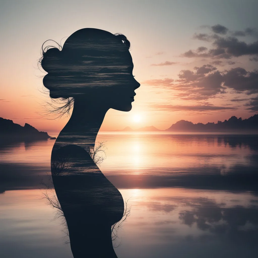 high quality, 8K Ultra HD, A beautiful double exposure that combines an goddess silhouette with sunset coast, sunset coast should serve as the underlying backdrop, with its details incorporated into the goddess , crisp lines, The background is monochrome, sharp focus, double exposure, by yukisakura, awesome full color,