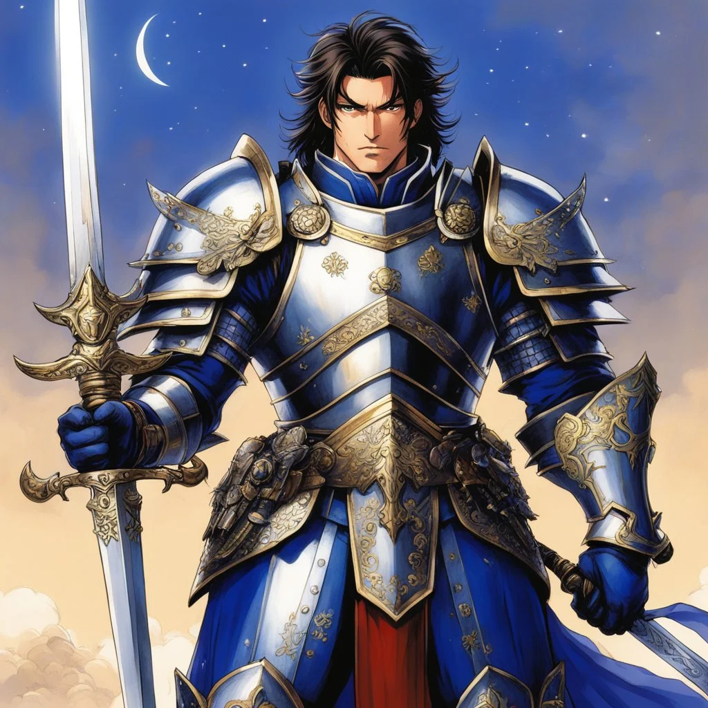 (in the style of Orion, by Masamune Shirow) a paladin knight with his plate armour and his two handed zweihander sword, ready for a blessing