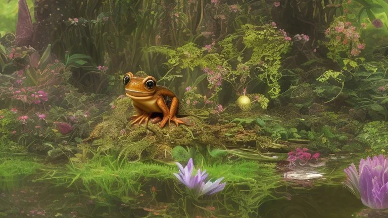 screenshot of a smartphone game, horizontal display, start screen, rear medium shot of a stylized and happy young brown frog with black stripes in its natural habitat at sunset, plain with wetlands, ravines, river with water hyacinth, ceibos and willows, dragonflies, beetles, dewdrops, melancholic and dreamy atmosphere, digital art