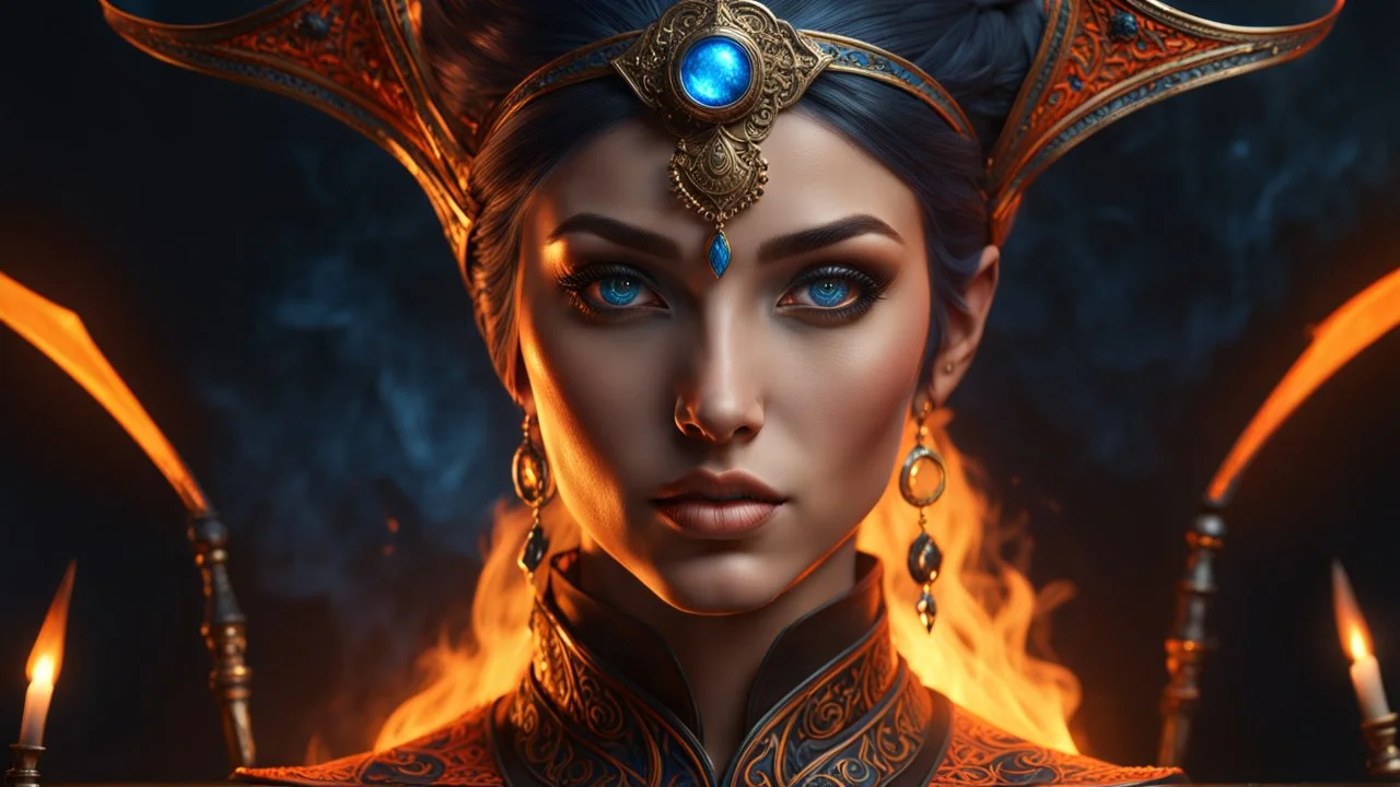 18 year old female sorcerer. perfect eyes. black smoke. blue and orange fire. exquisite realism, a masterpiece, fantasy concept art, dynamic lighting, hyperdetailed, intricately detailed, deep color, Unreal Engine, volumetric lighting , Epic cinematic brilliant stunning intricate meticulously detailed dramatic atmospheric maximal,