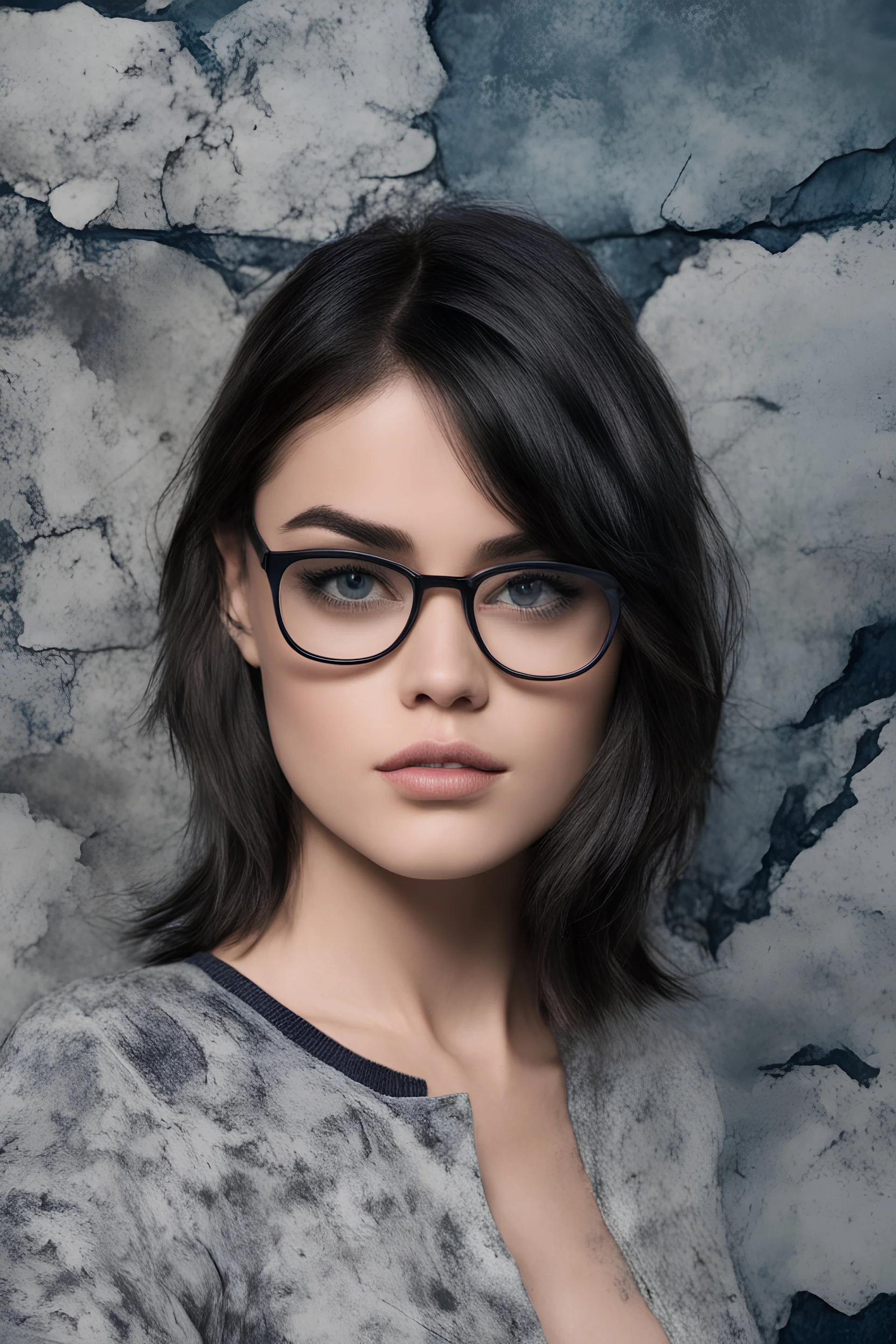 cross-eyed Lucy Hale/terminator hybrid, , 4k UHD, photorealistic, ((big, full, plump, pouty lips:1.5)) black hair, big cat-eye eyeglasses, dark blue foggy gradated marble wall background