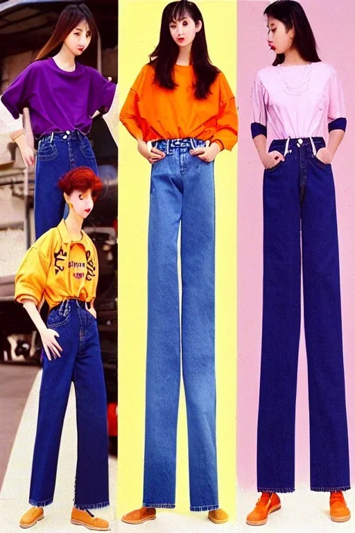 year 1996 denim fashion. Loose fit, low waist. Colors: denim blue, blue, purple, khaki, light green, lilac, plum, orange, terracotta, red, light yellow, lion yellow, pink, dark blue, beige. Women models.