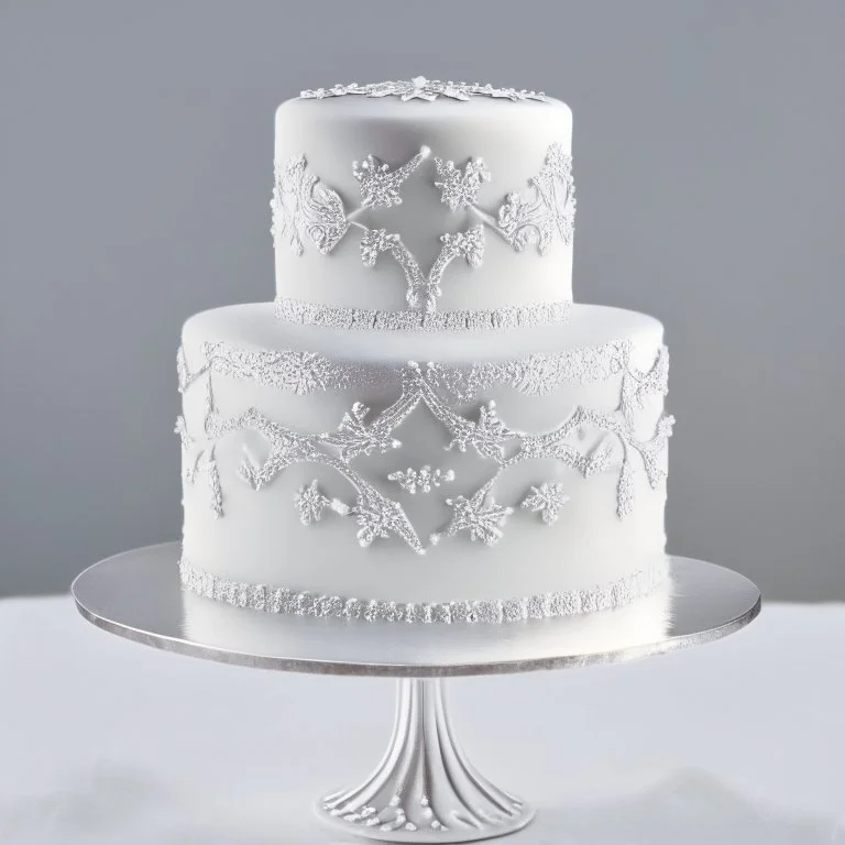 A picture of a simple white cake with silver decoration