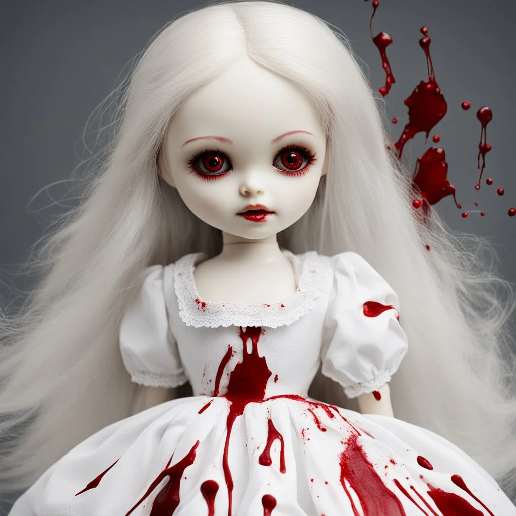 A girl's doll wearing a white dress with red blood bleeding from the back