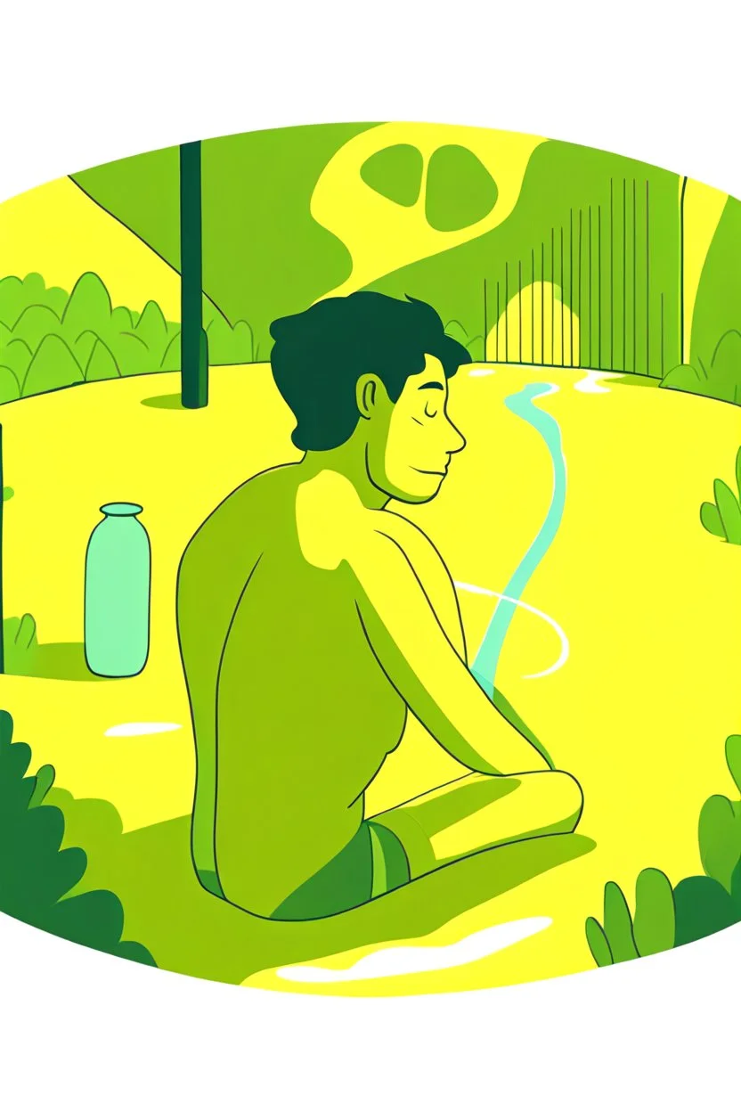 a picture of a guy bathing in a big yellow Vaseline jar, he is in a adventure park with his girlfriend, art style cal arts, simple character design, round mouths non tapering lines, minimalist and fluid