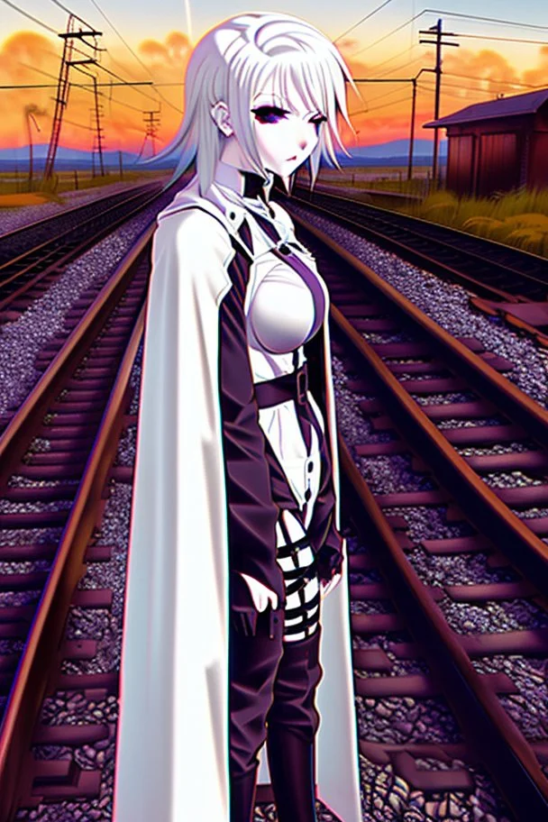 close-up gothic anime girl, white hair, tight outfit with gun on thigh, standing on a train track, smoke and fire surroundings, she is dull and dark, looks determined , train approaching behind her,