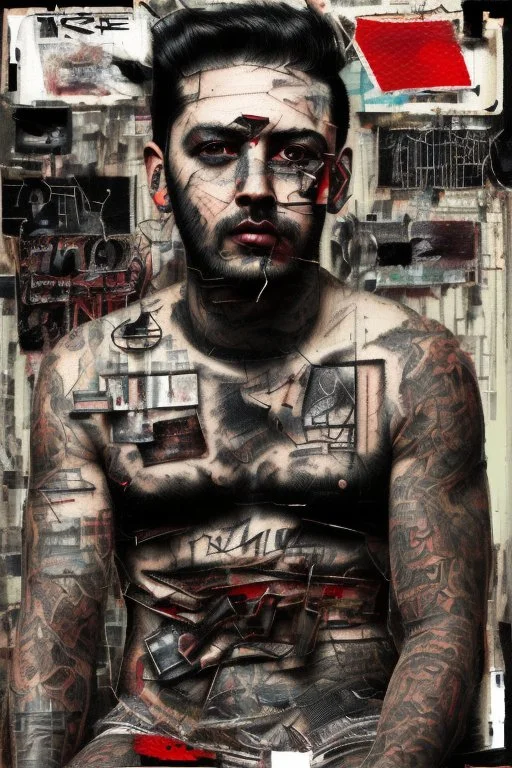 Ultra detailed medium portrait painting of a man, sitting on chair,in jail tattoos, rough look, skinhead ,mascara, evil look, chaos dark background,torn up collage of photo clippings, broken circuitry background, matrix effects, punk visual art, punk art aesthetic, graffiti art, pop surrealism, collage art, cluttered paint glitches