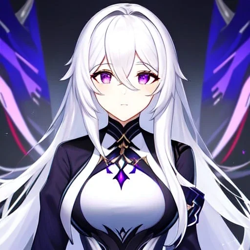 girl, masterpiece, best quality, volumetric lighting, detailed outfit, perfect eyes, white hair, purple eyes, long hair, honkai impact outfit,