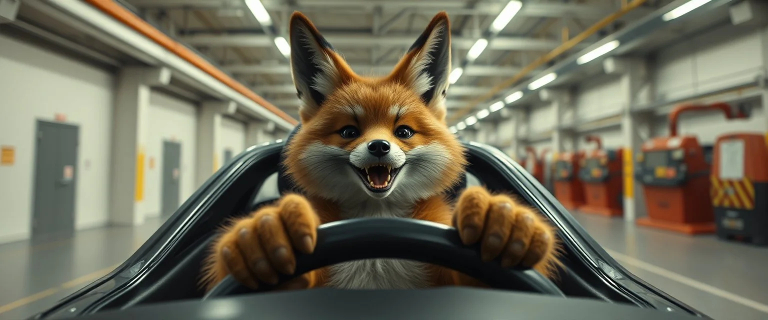 car driving happy 2d fluffy orc fox with human hands in the style of Escher and Giger and Fallout 4, pinhole cam, airbrush 3d rendering, on tv screen:A five-second cinematic single take in a clean industrial presentation hall.