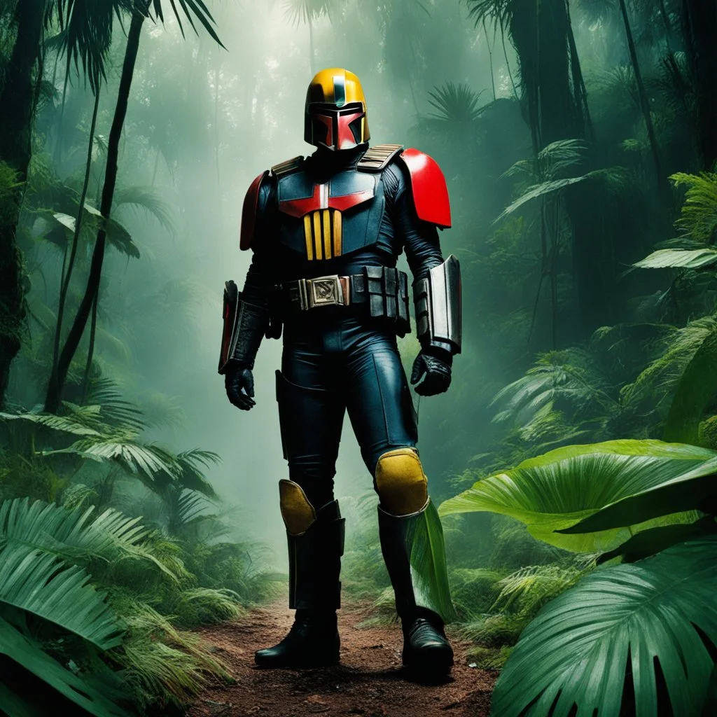 [Rubrique-à-Brac, Gai-Luron, and Superdupont] judge dredd in his iconic costume and helmet, with boots in the jungle were a plane crashed