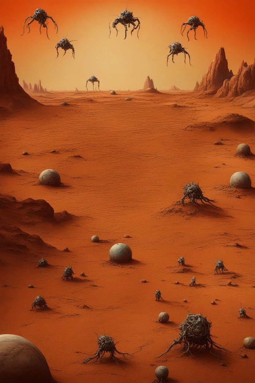 Bosch painting style, show a shot of a view of Mars surface with a lot of wired creatures around