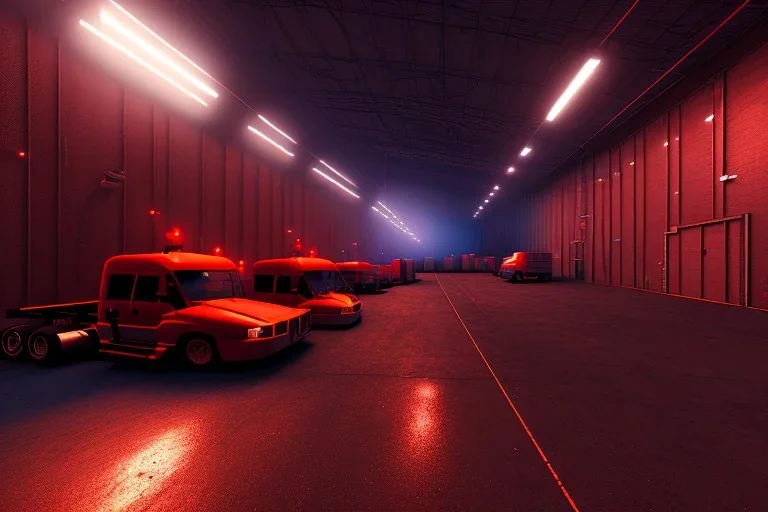 warehouse, new jeresey, trucks unloading, night time , unity, scriptable render pipeline , red tone, volumetric lighting.