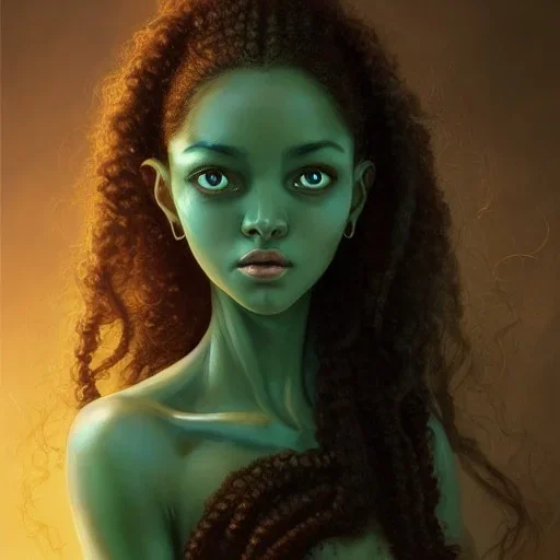 alien girl, cute, beautiful, long hair, curly hair, black hair, slim body, brown eyes, big eyes, green skin, turquoise dress, head and shoulders portrait, fantasy, 8k resolution concept art portrait by Greg Rutkowski, Artgerm, WLOP, Alphonse Mucha dynamic lighting hyperdetailed intricately detailed