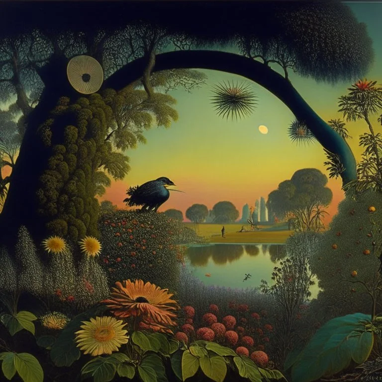 High definition photography of a marvelous landscape, creepy, birdman, trees, flowers, giant sun, intricate, Audubon, atmosphere of a Max Ernst painting, Henri Rousseau, thoughtful, interesting, appalling, smooth