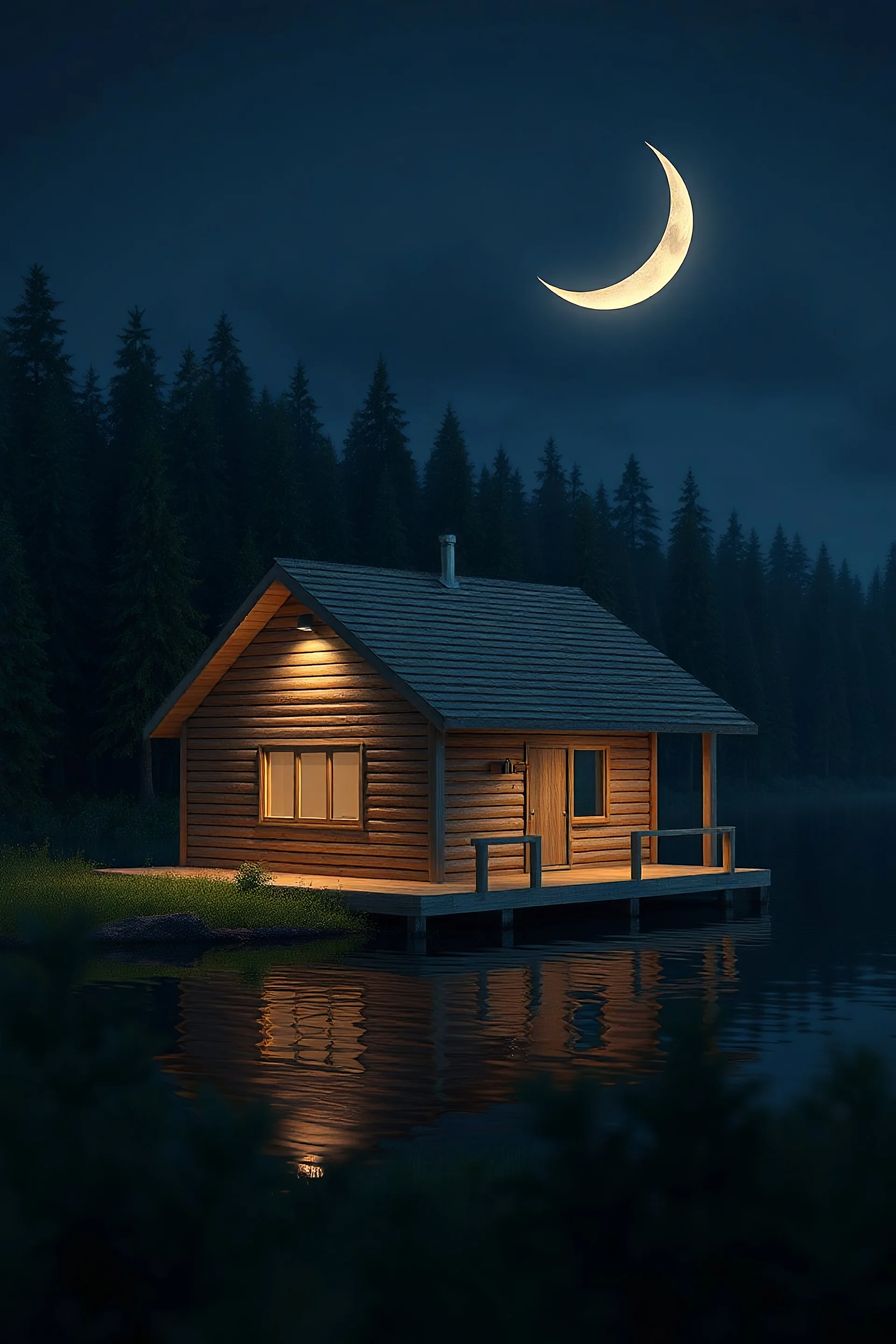 Sebuah rumah sederhana terbuat dari kayu, berada di pinggir danau pada malam hari, ada bulan sabit yang cahayanya menerangi air. Render 3d yang realistis. Dikelilingi hutan yang lebat