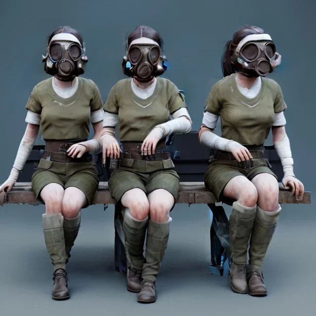 cute girls sitting at the computer in military gas masks. the masks are checkered.