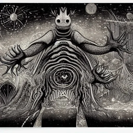 gothic cosmos with plankton like kaiju and others creatures by Jérôme Bosch