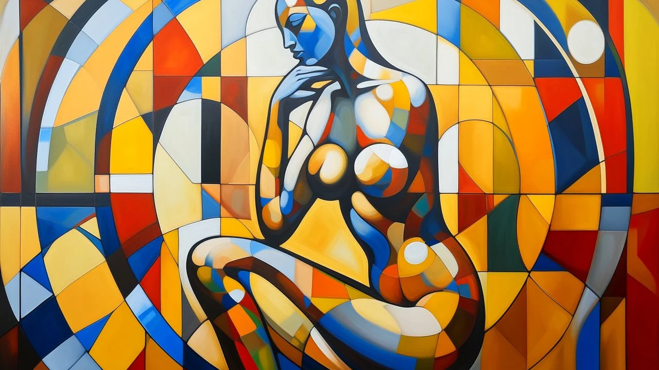 Desnudo inspirado en Composición VIII → Pintura abstracta → Geometría espiritual → Formas puras y relaciones cromáticas dinámicas → Figura reinterpretada mediante planos y círculos → Luz abstracta sin fuente → Amarillos, azules, negros, rojos y blancos → Equilibrio intelectual y vibración visual.