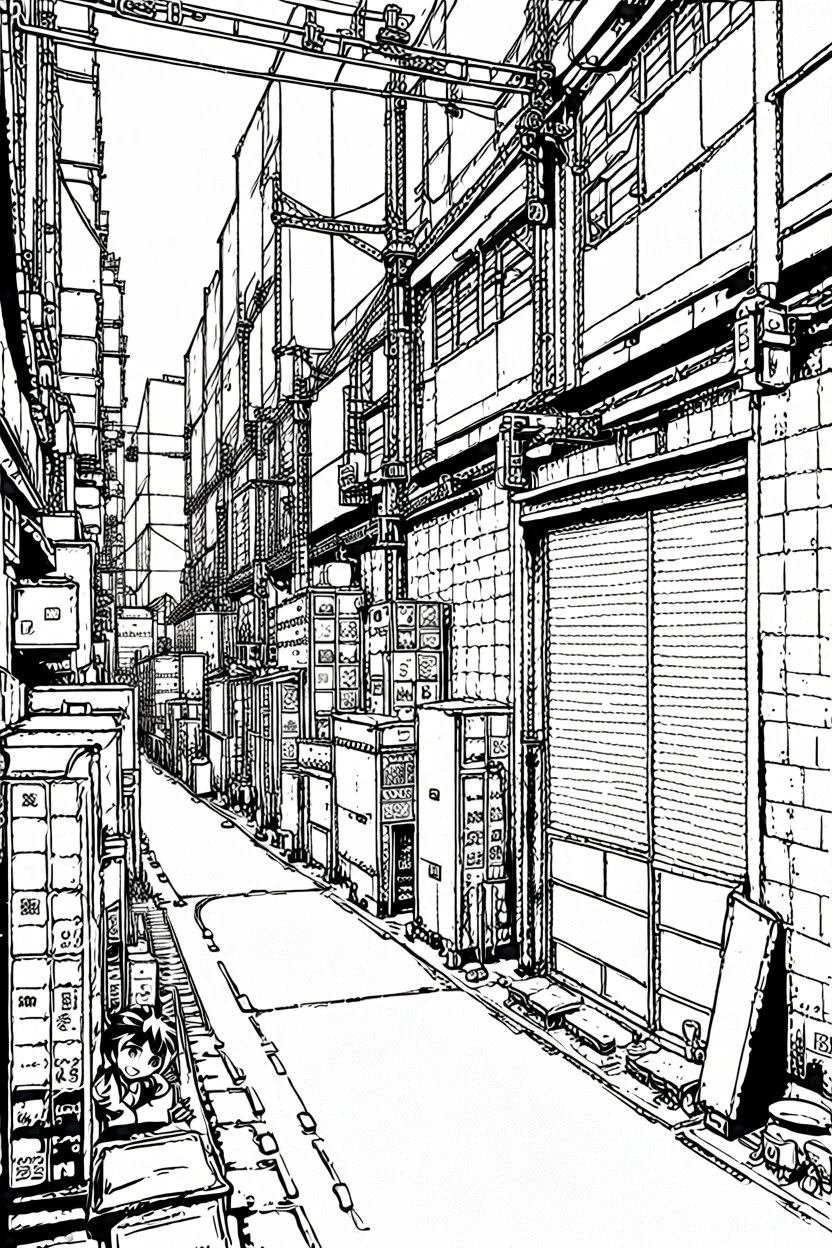 Tokyo, industrial warehouses, line arts, manga style