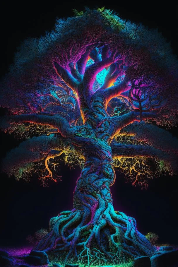 The enchhanted yggdrasil tree, corsair, dramatic neon, highly detail