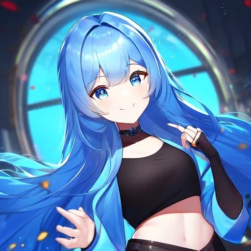 Clear focus,High resolution, Vibrant short blue hair, Vibrant blue eyes, Wearing a black short skirt,black crop top sleevelss,blue cut sleeves,black fingerless gloves, Smiling,Long bangs