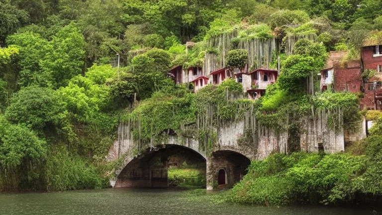 Gigantic mushroom village with balconies, archways, stairs, bridges, bushes, spanish moss, ivy, river, a winding pathway through the middle, in a valley