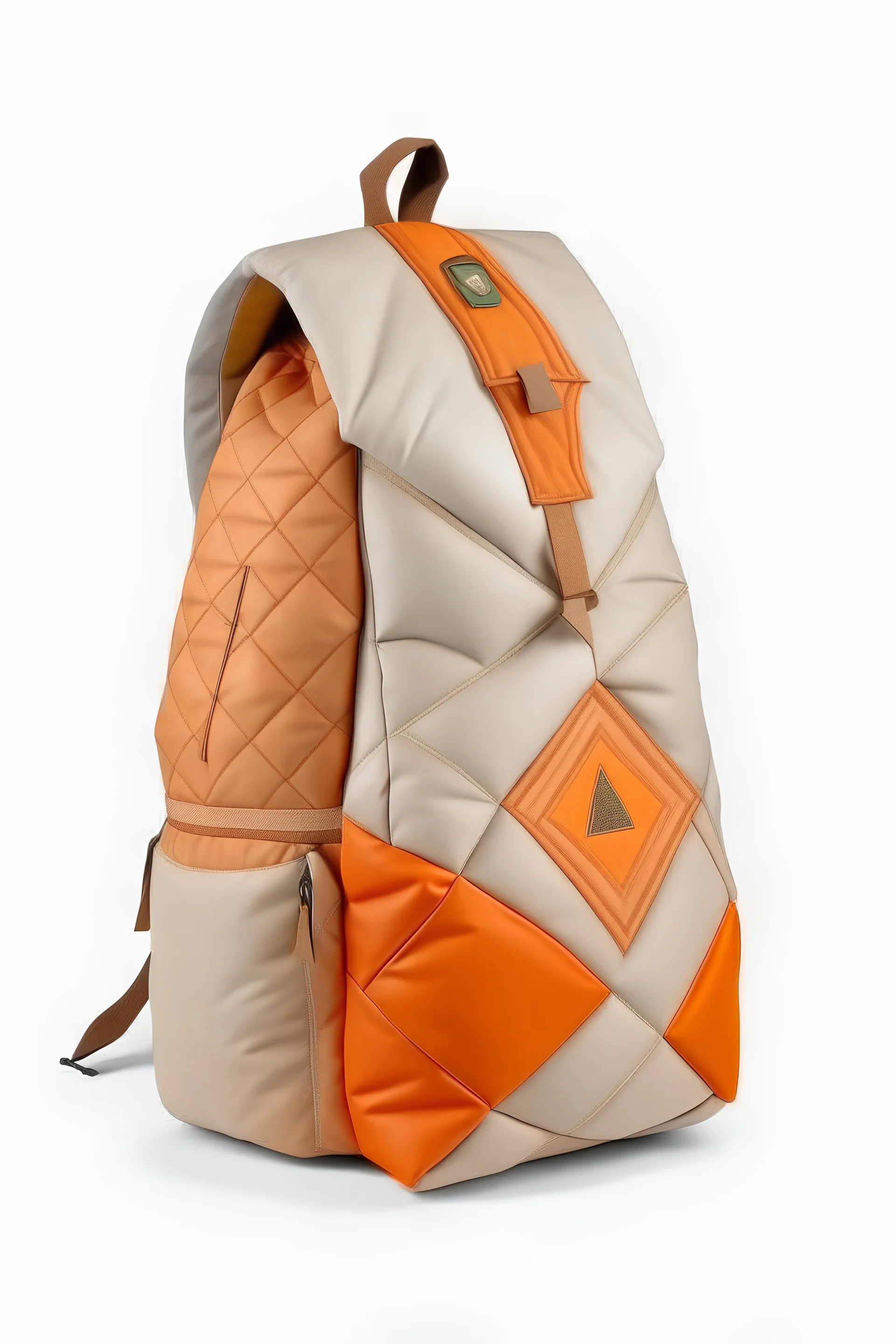 Embossed triangles beige very long puffer backpack with patched orange and brown triangles