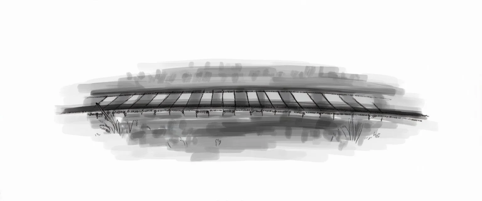 side of old western railway track, overcast sky, fields in background, vignette children's book illustration