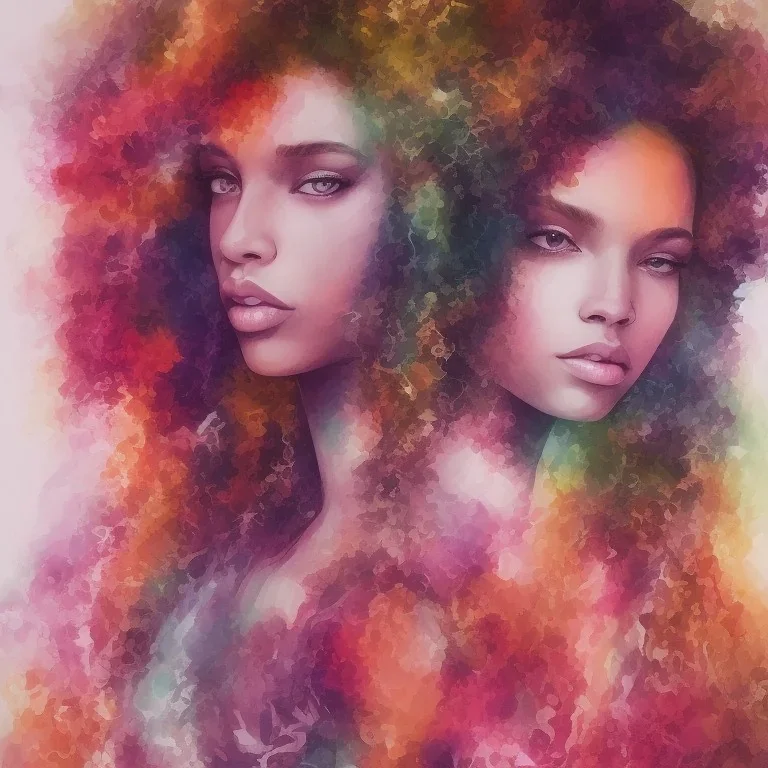 Portrait of beautiful black woman, watercolor , bright colors, long curly hair