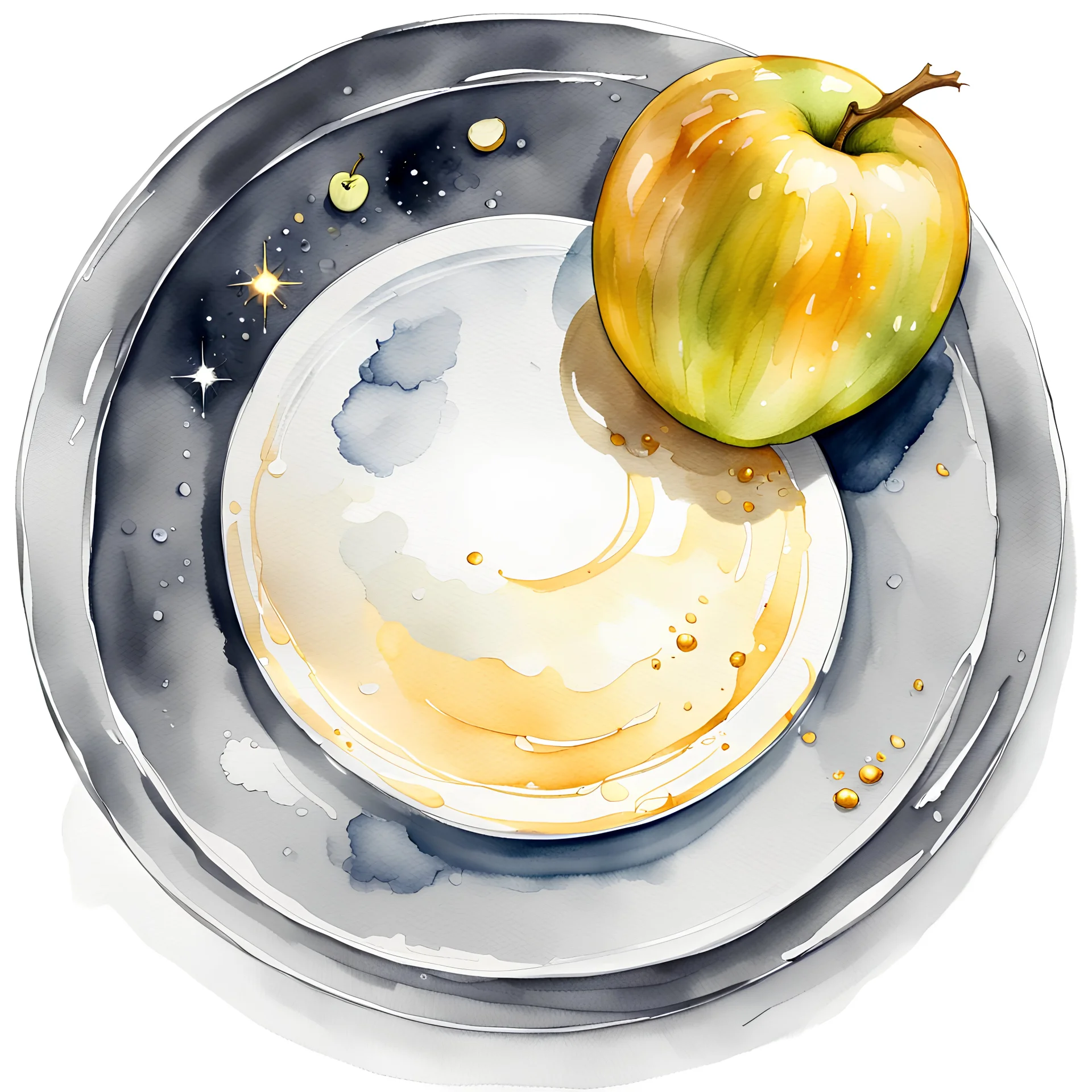 watercolor drawing of a silver saucer and a liquid gold apple. The moon and the sun are on a platter. on a white background, Trending on Artstation, {creative commons}, fanart, AIart, {Woolitize}, by Charlie Bowater, Illustration, Color Grading, Filmic, Nikon D750, Brenizer Method, Perspective, Depth of Field, Field of View, F/2.8, Lens Flare, Tonal Colors, 8K, Full-HD, ProPhoto RGB, Perfectionism, Rim Lighting, Natural Lighting, Soft Lighting, Acc
