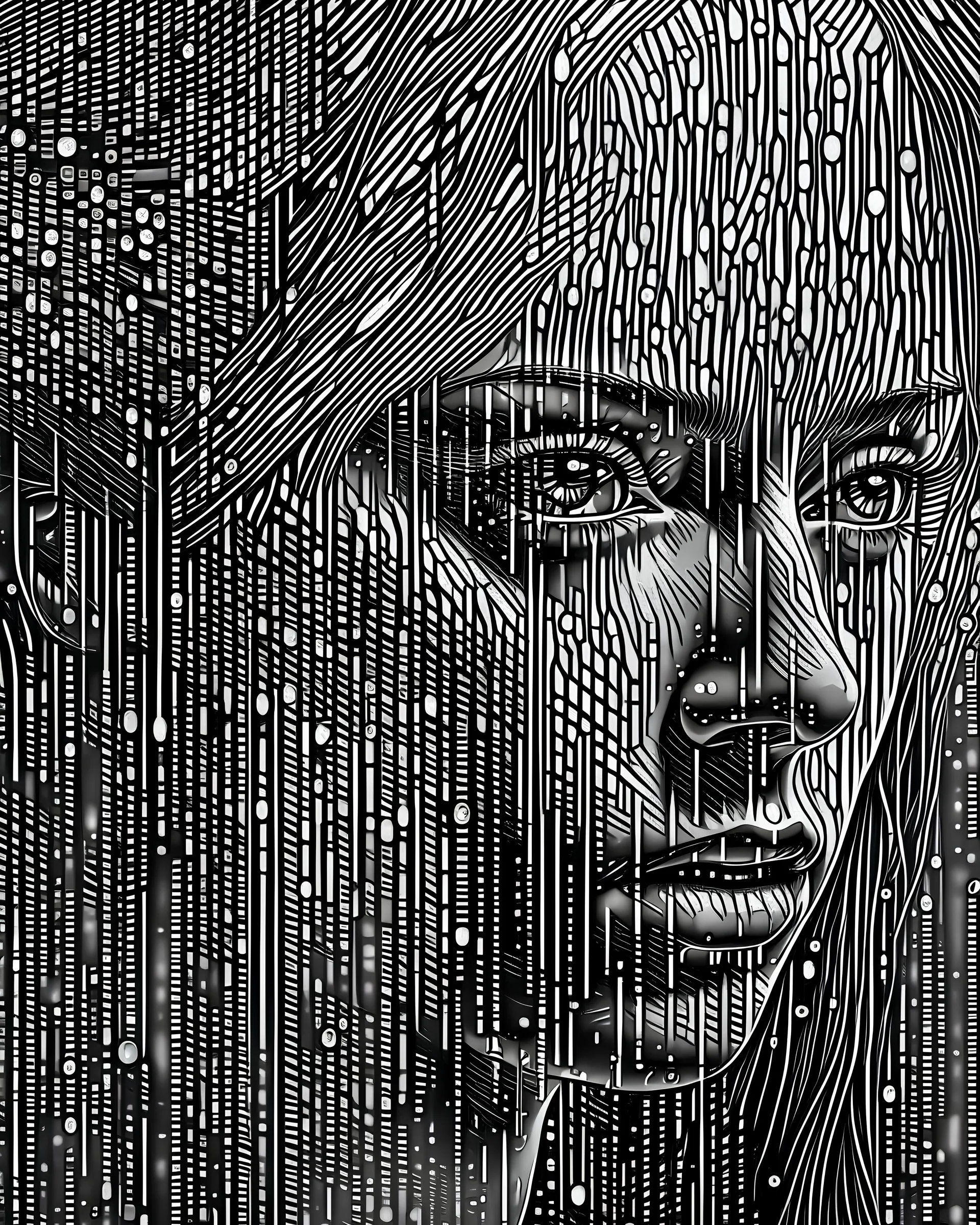 portrait photography in the style of video noise, black and white pointillism, pixelated chaos, digital art, hologram, bigdata, high technology, sound wave background, digital world, neural network, Humanoid, reflaction, masterpiece, 32k UHD resolusion, high quality, professional photography, <lora:add-detail-xl:1>