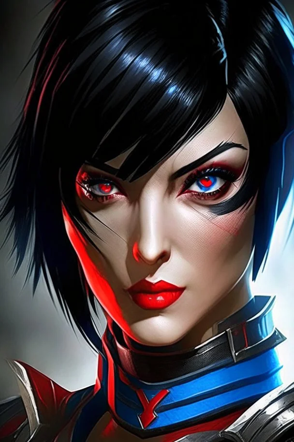 Fiora in kombat, blue eyes, short black hair, black and red details, league of legends