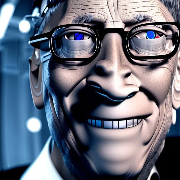 A sharp portrait of cyborg BILL GATES ,dark, high definition, sin city, blender 3d, 8k, DNA.