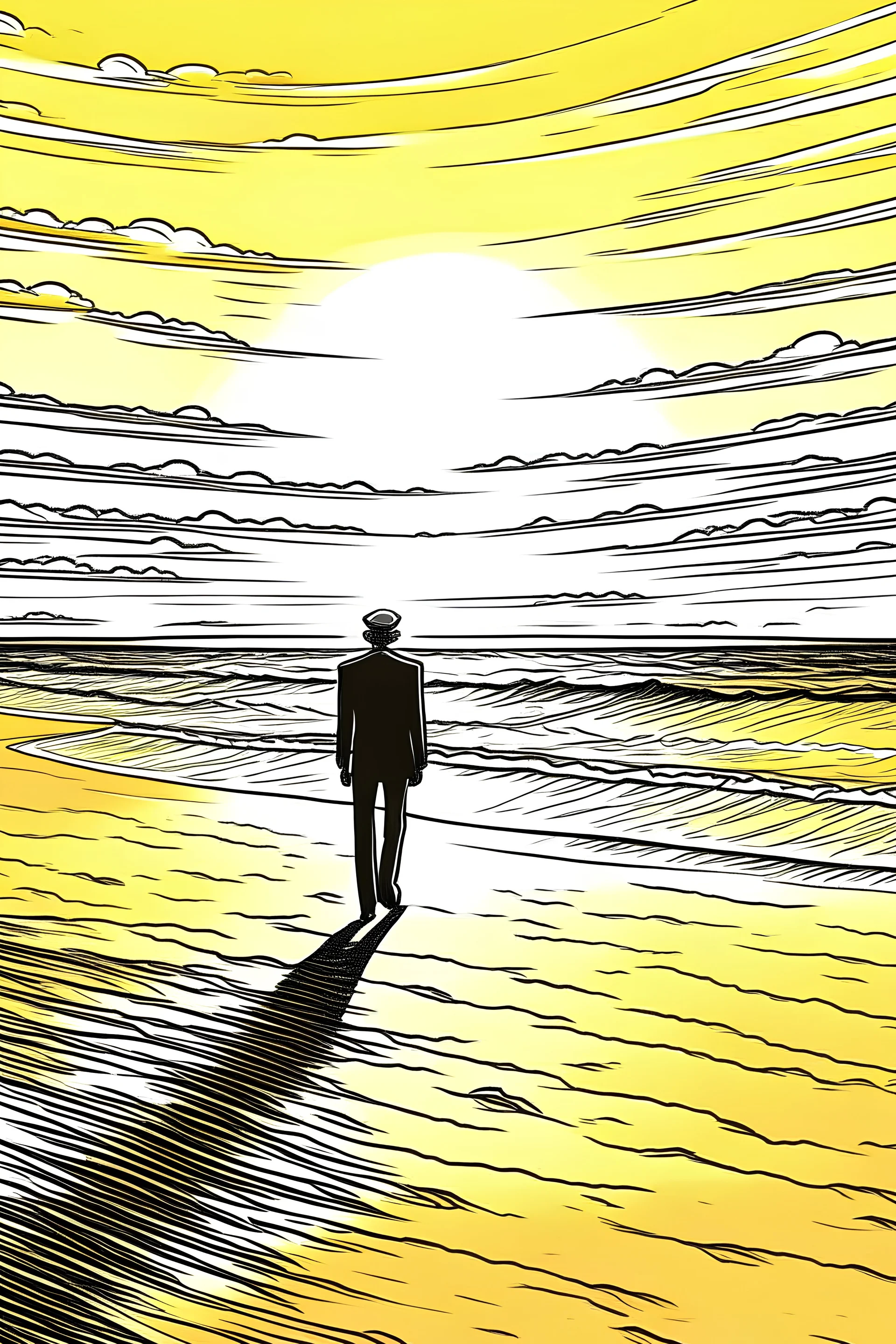 A solitary figure stands on an untouched, sandy beach, gazing at the setting sun painting the sky with warm hues. Footprints in the sand lead towards the horizon, symbolizing the freedom to explore and reflect in peaceful solitude.coloring book page, simple and clean line art, adult drawing book, black and white, crisp black lines, no shades, sharp lines, coloring book for adults, cartoon style, landscape