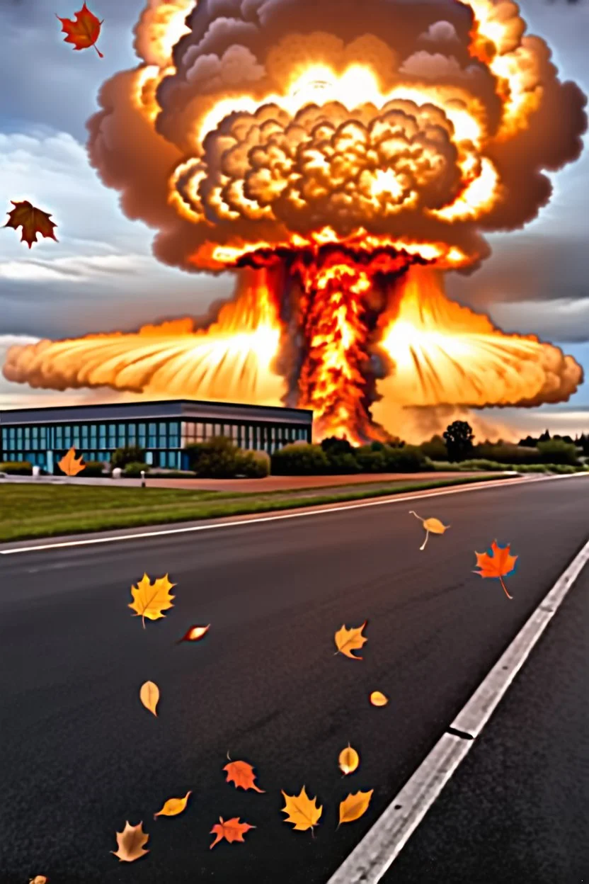 top right corner is a nuclear explosion cloud, top of explosion looks like a autumn tree full of leaves, add leaves falling everywhere in foreground, high horizon at 1/3 from top, bottom 2/3 is a road through a road, a wind is blowing away from the tree. a commercial building is on the middle left