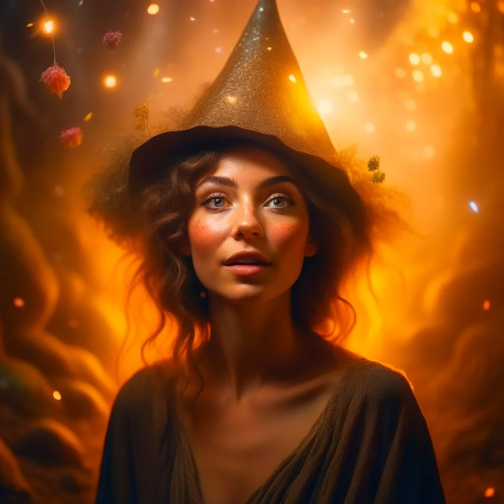 painting, portrait of brown hippie pixie hovering in the underground grove sparkling light confetti, in the style of dali, 8k, down-light, soft light, depth of field, photo realism, trending on art station, high detail, smoke and fog