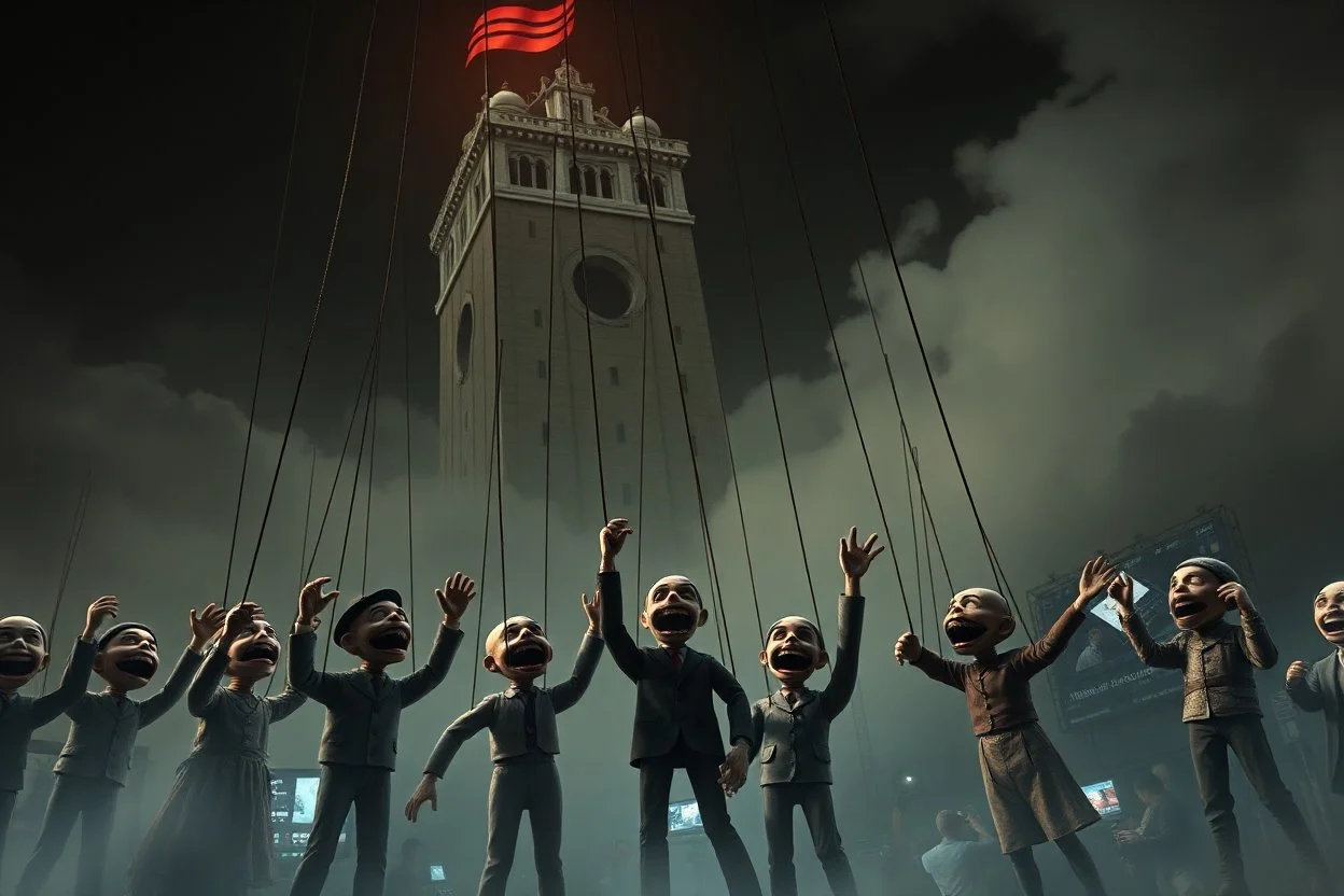a cruel oppressive government towers above, pulling the strings of puppets below, the news media happily broadcasting the puppets' suffering everywhere, dystopian, dread, horror