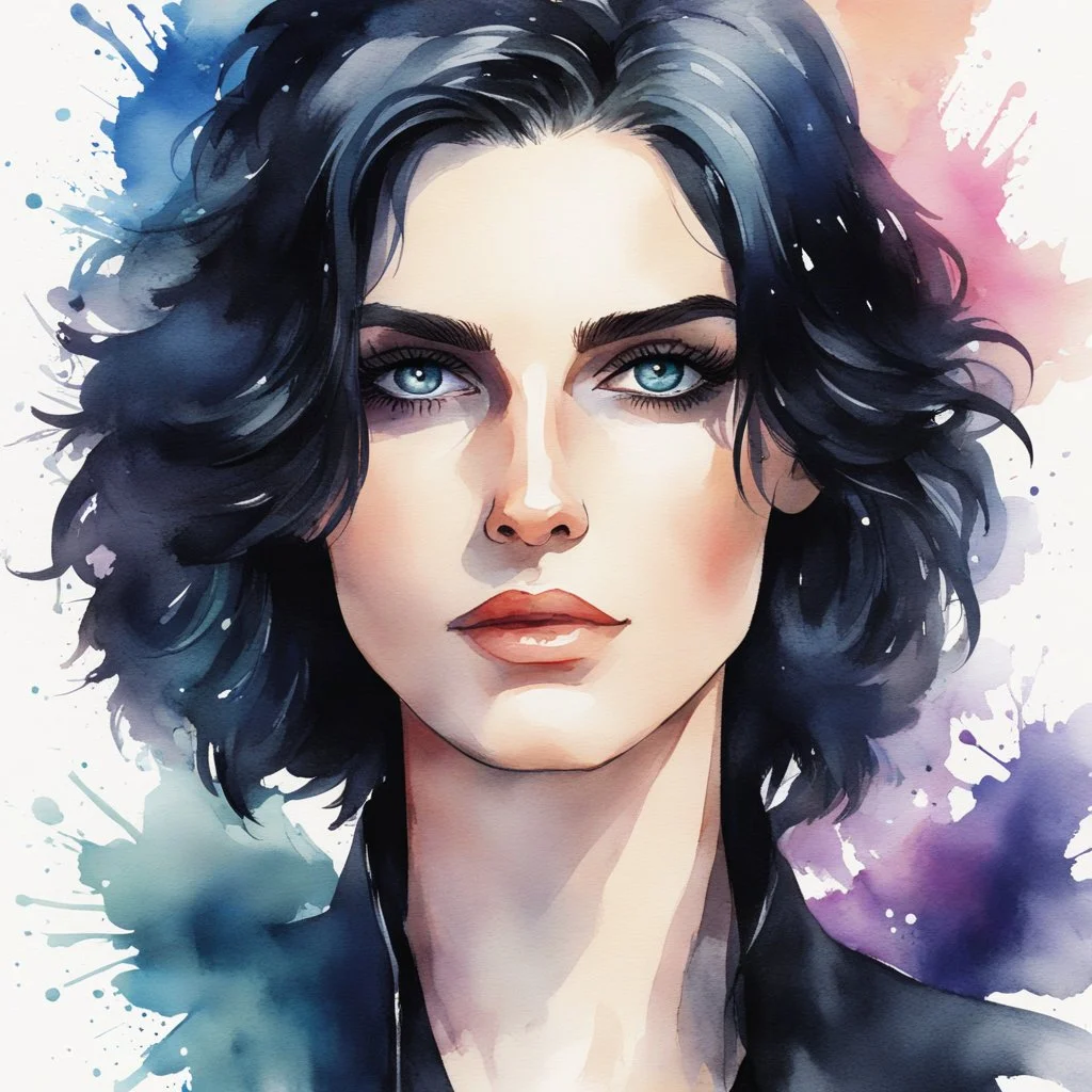 a headshot of an androgynous person with shoulder length black hair and (heterochronic eyes), intricately detailed, watercolor splash art