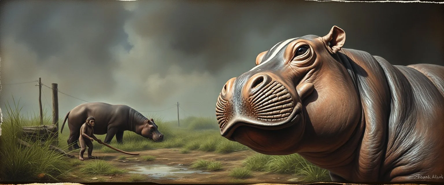 airbrush and pen outline, close up on hippo badger monkey farm , pinhole cam, airbrush 3d rendering, in the style of Titian and Rembrandt , torn edges on border