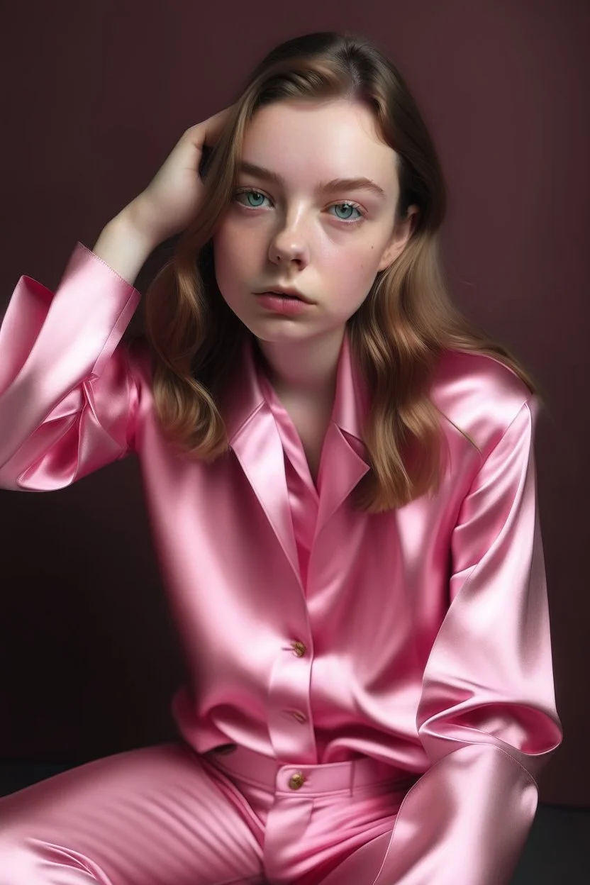 girl in pink satin suit