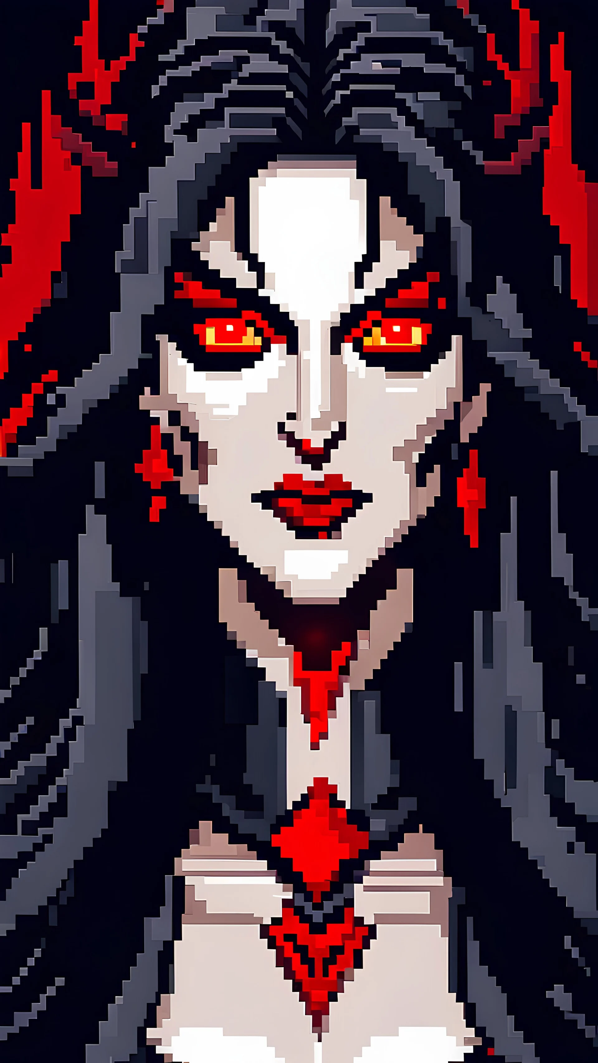 Pixel art of vampire Queen with black hair and red eyes