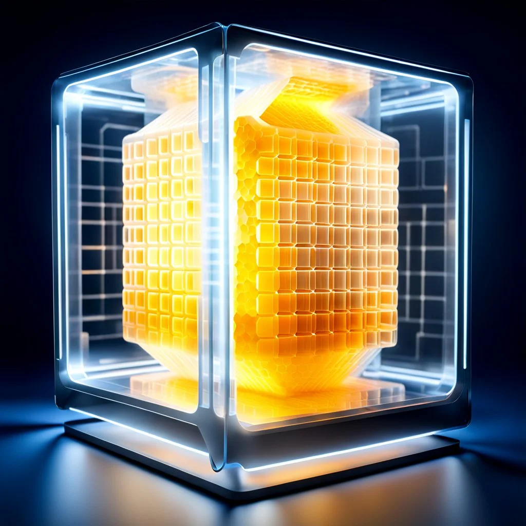 a futuristic translucent neurocube, inside the cube there are partitions made of honeycomb plates