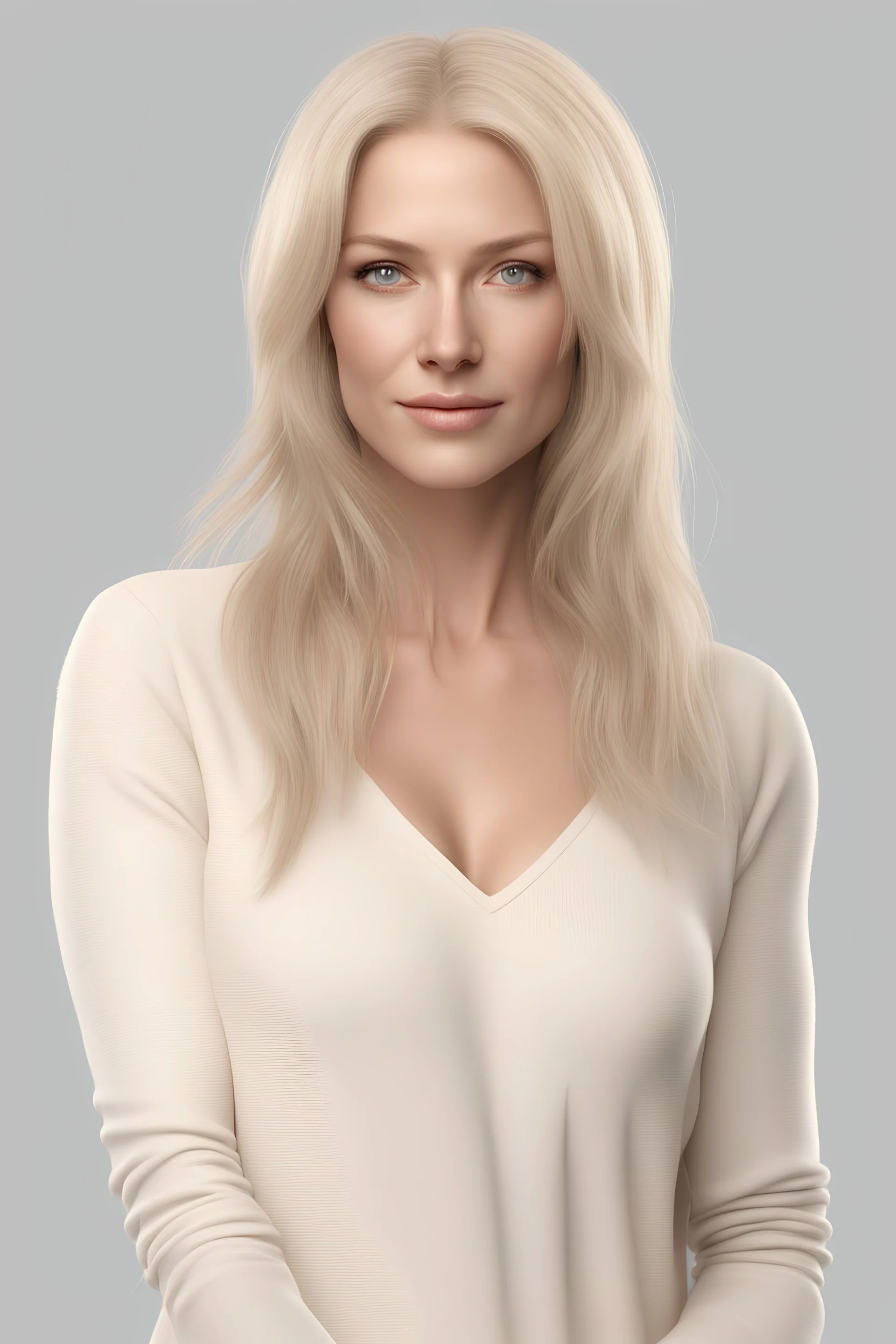 realistic, (39yr old female)without makeup, beautiful face, slightly angled head position, studio lighting, cinematic light, beautiful woman, milk beige middle hair, on white background, 8k Resolution, highly detailed, non-symmetrical body and detailed hairstyles and skin texture