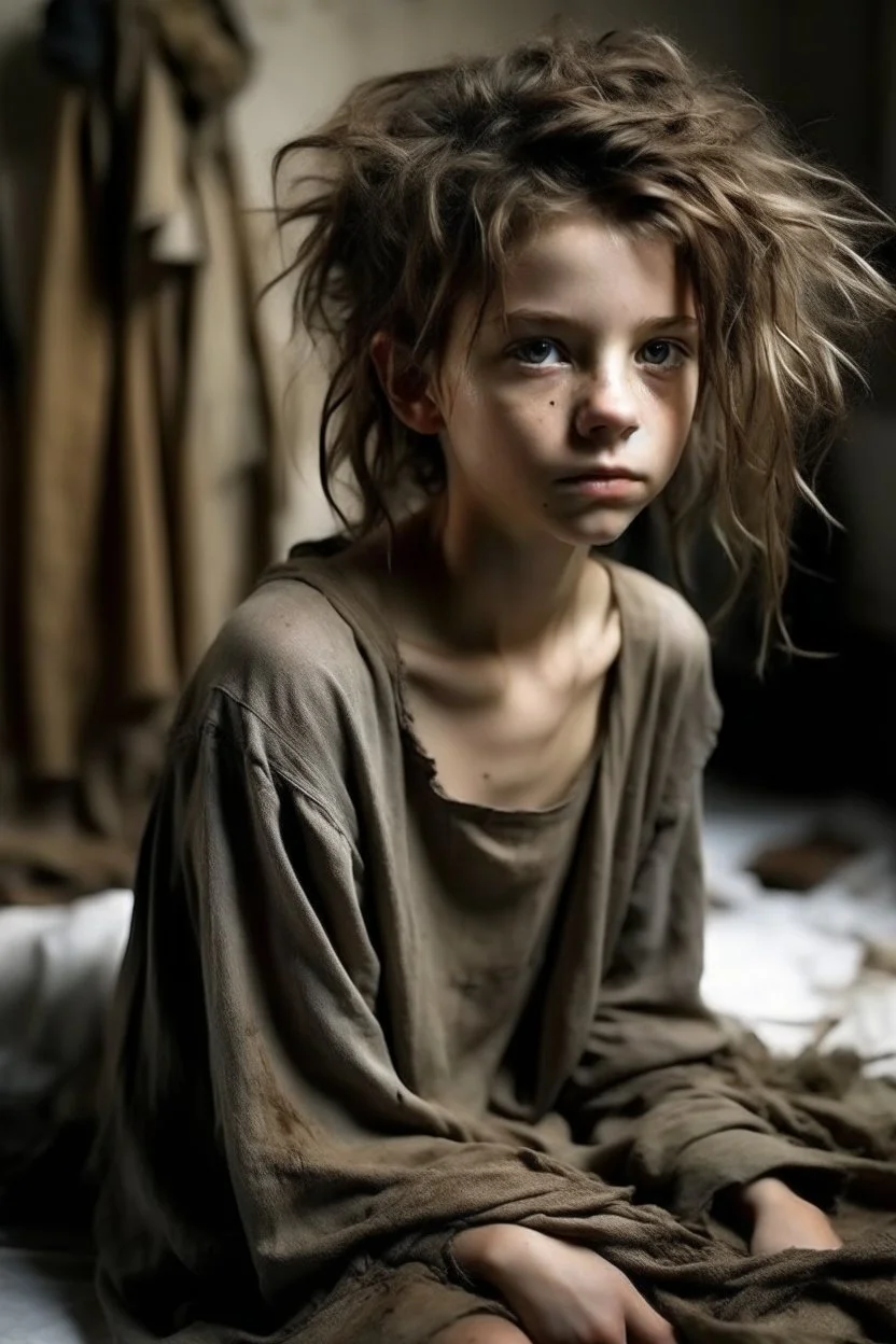 very thin 13 year old girl, dressed in rags, messy haircut, A Cure for Wellness style, full figure