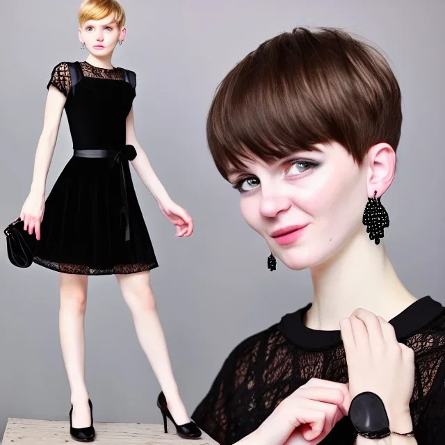 Russian boyish boylike female figure guy short man's haircut men's face boyish features in black girlish lacy cocktail dress earrings in restaurant