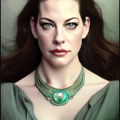 Epic Drawing of a Photorealistic dramatic hyperrealistic Liv Tyler,Crystal green eyes , elegant, with emerarld necklace, by WLOP, Artgerm ,Greg Rutkowski, Alphonse Mucha, Sandro Boticcelli, Gustav Klimt ,Beautiful ,busty, dynamic,shadows,Artstation,concept design art,Octane render,8K