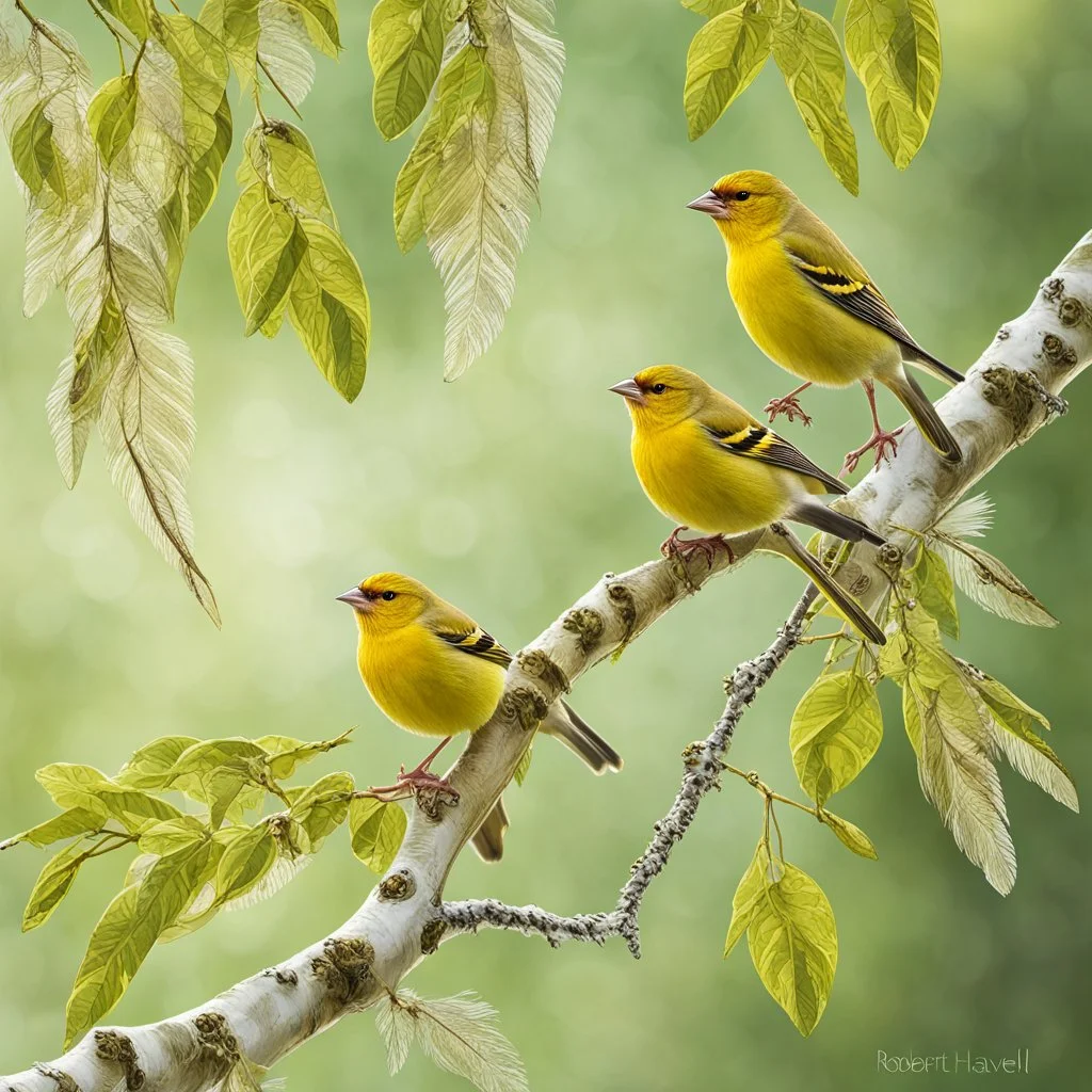 Yellow finches perched on a stately birch tree branch, photorealistic nature image, intricate feather texture and coloring, forest green springtime background, bright spring morning light filtering, 16k resolution, ambient shadows, warm color palette, perfectly timed shot, crystal clear, stunning wildlife interaction, depth of field, high contrast, complimentary colors, by Robert Havel Jr., color pop.