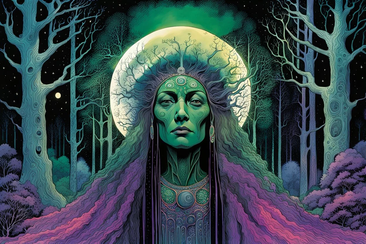 create an abstract expressionist lithograph of a ghostly tribal druid priestess, with highly detailed, delicate feminine facial features, inhabiting an ethereal Northern forest of ancient hemlocks, in the comic book style of Jean Giraud Moebius, David Hoskins, and Enki Bilal, precisely drawn, sharply defined, boldly inked, with the vibrant colors of the midnight moon