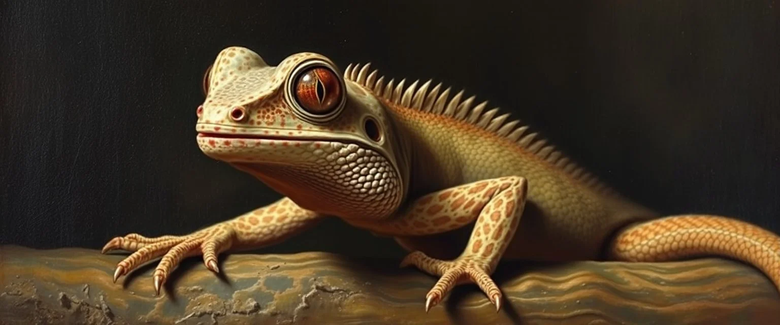 master oil painting by Rembrandt, good afternoon bitch scary geek gecko