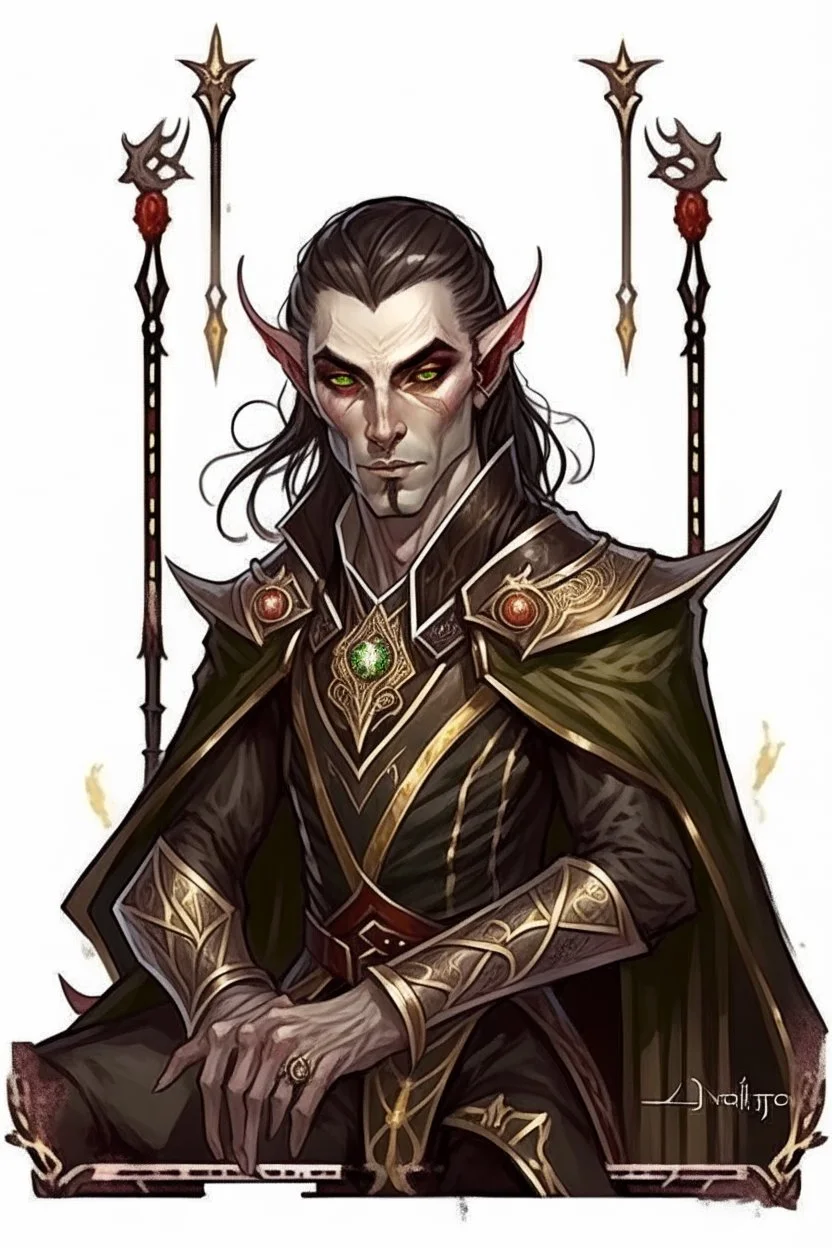 half-elf half-human, full length, mantle, black cloth, dark green eyes, sits on the throne, holding a long spear with his left hand, the right hand lies on the armrest of the throne